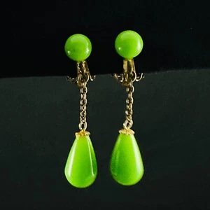 Pendientes de clip Japón cuentas verdes neón en tono dorado cadena colgante firmados  - Imagen 1 de 9