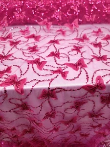 Fuchsia 3D Lace Fabric with Butterflies on Mesh Fabric Sold by the Yard Prom - Picture 1 of 13