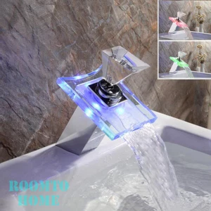 Bathroom Basin Sink Waterfall Glass Spout LED Mixer Taps Deck Mounted Faucet - Picture 1 of 9
