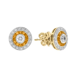 18K Two Tone Gold Natural Diamond Yellow Sapphire Deco Style Stud Earrings - Picture 1 of 10