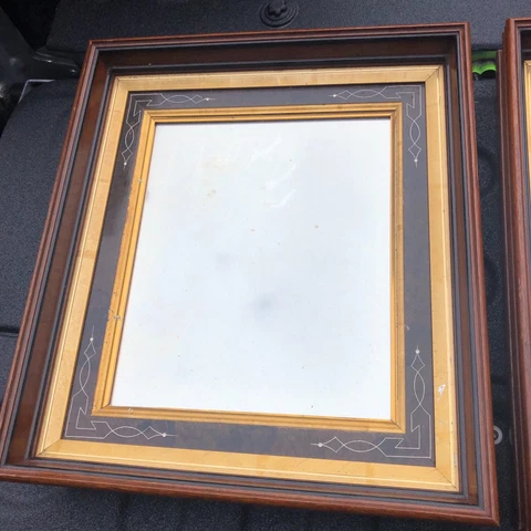 vintage black walnut & gold frame mirror 15” x 17” - glass 12/10” incised detail Cover