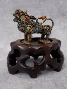 Tibetan Foo Dog Brass Filligree Bejeweled Miniature on Stand - Picture 1 of 12