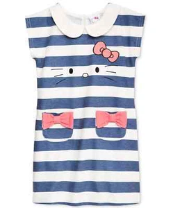 New Hello Kitty Striped Embroidered Cap Sleeve Bow Pockets Dress Girls 6 6X - Picture 1 of 1