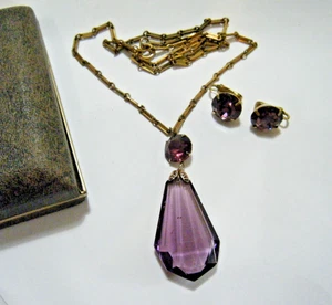 Vintage 30s 24k Gold Plt. Necklace & Earrings Set Large Faceted Amethyst Crystal - Picture 1 of 8