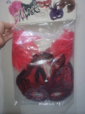 Vintage OTC Masquerade Feather Eye Mask Red Sequins Brand New - Image 1 of 4