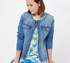 LOGO by Lori Goldstein Denim Jacket with Frayed Edges Plus Size 24W Blue Jean - Picture 1 of 13