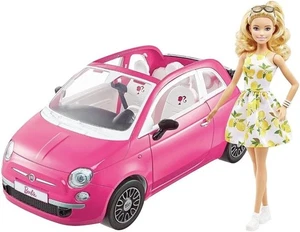 Chic Barbie Doll in Lemon Dress with Her Fiat 500 Pink Car - Picture 1 of 6