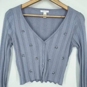 Full Tilt Vintage 90s Mushroom Cardigan Cropped Embroidered Sweater, Kids XL - Picture 1 of 6