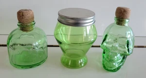 3 LIME GREEN APOTHECARY GLASS JARS BOTTLES ROUND SHAPED AND SKULL WITH LIDS - Picture 1 of 9