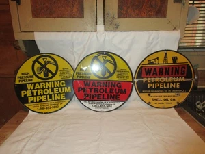 3 Different Shell Oil Company Warning Petroleum Pipeline 12" Painted Metal Signs - Imagen 1 de 5