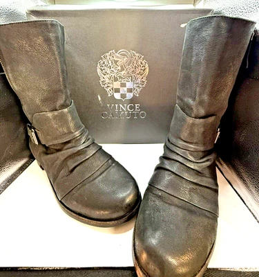 VINCE CAMUTO "Shada" Boots 10 Black Silk Goat Mid-Calf Leather Moto Boho W Box - Image 1 of 4
