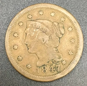 Centavo grande cabello trenzado 1847 1C - 7 sobre pequeño 7 fecha anterior - Imagen 1 de 9