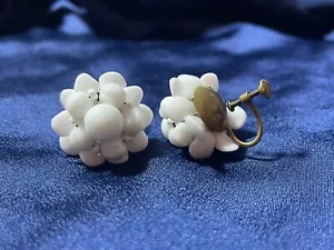 Vintage Cluster Earrings White Milk Glass Beads Czech Screw Back - Picture 1 of 5