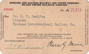 1926 Spokane & Eastern Railway, Inland Empire Railroad employee pass - Picture 1 of 1