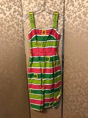Vintage Hot Pink Green Belt Print Novelty Dress Size 00 0 - Image 1 of 4