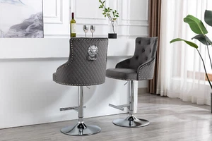 Majestic Grey Velvet Bar Stool with Lion Knocker - Picture 1 of 5