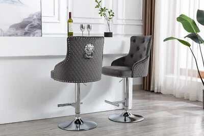 Majestic Grey Velvet Bar Stool with Lion Knocker - Image 1 of 4