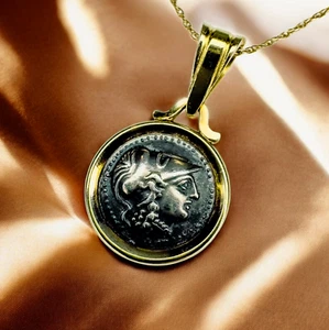ANTIQUE -14K Gold -Alexander The Great Coin Necklace 18" Etruscan Revival- 2.5g - Picture 1 of 24