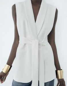 Zara Belted Tuxedo Vest Waistcoat White Size S BNWT - Picture 1 of 4