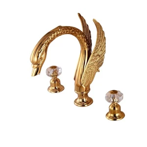Gold 8" widespread 3 Hole lavatory swan sink faucet Crystal handles deck mounted - Picture 1 of 1