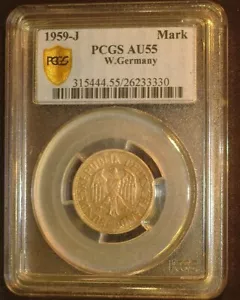 GERMANY 1959-J 1 MARK KM110 CHOICE ABOUT UNCIRCULATED PCGS AU55 - Picture 1 of 2