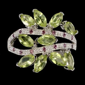 Summer 925 Silver Marquise Peridot 6x3mm Rhodolite Garnet Ring Size 8 - Picture 1 of 10