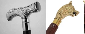 Antique Silver Handle Brass Deluxe&Wolf Head Brass Handle Walking Stick Cane - Picture 1 of 9