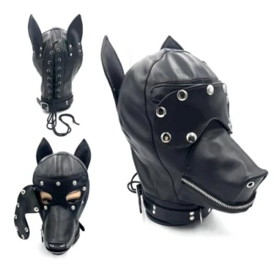 Puppy Cosplay Fetish Costumes of Adjustable Leather Full Head Hood with Eye Mask - Image 1 of 4