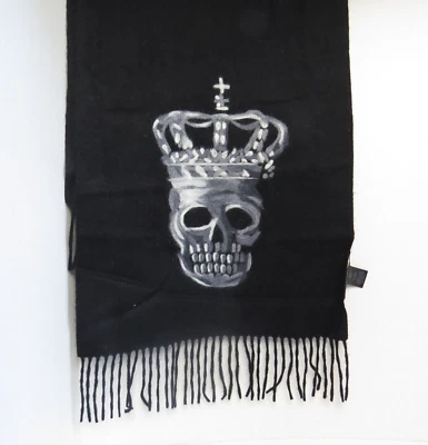 Bufanda con flecos JOHN VARVATOS STAR EE. UU. CALAVERA CORONADA negra Merino 100 % lana 3 1/4" Foto 1 de 4