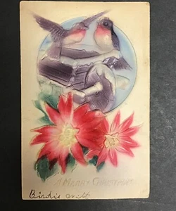 Heavy Embossed Poinsettia Birds Standing In Snow Christmas Greeting Postcard - Picture 1 of 2