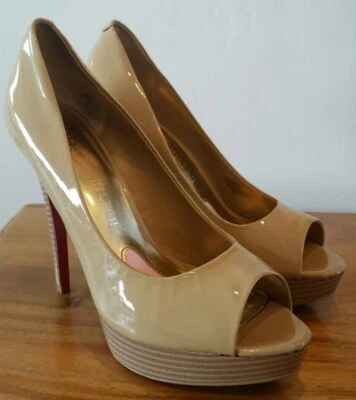 Paris Hilton Debra Tan Nude Patent Leather Peep Toe Platform 5" Heels 39 US 8.5 - Image 1 of 4