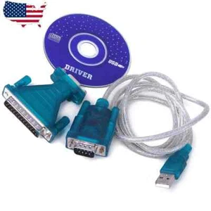 USB 2.0 to Serial DB 9 Pin RS232 Cable+ 25 Parallel Adapter Connector Windows 7 - Afbeelding 1 van 1