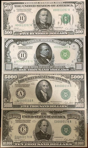 Reproduction Set 1928 Fed Reserve Notes $500, $1000, $5000, $10,000 High Denom Cover