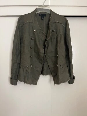 Chaqueta militar para mujer Peplum lino verde oliva dobladillo crudo talla mediana Foto 1 de 4