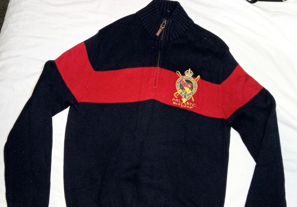 POLO RALPH LAUREN azul marinho, vermelho, SUÉTER brasão equestre 1/4 zíper TAMANHO P - Imagem 1 de 4