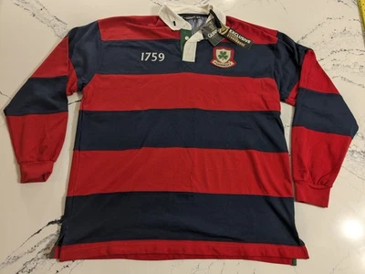 全新带标签 Guinness Fat 条纹长袖橄榄球 Polo 红色蓝色 XL 全新 带标签 啤酒 — 第 1/4 张图片