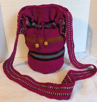 Handwoven Guatemalan Bucket Bag Crossbody Purse Drawstring Colorful Striped Boho - Image 1 of 4