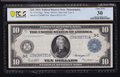 US 1914 $10 FRN Philadelphia FR 915a PCGS 30 VF (730) - Image 1 of 2