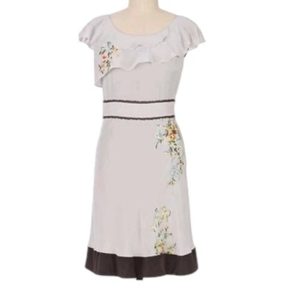 Vestido Anthropologie Floreat Para Mujer 8 Gris Seda Floral Bordado Volantes Delantero Foto 1 de 4