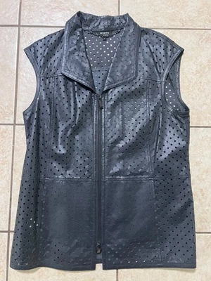 NWOT Worth Leather Laser Cut Long Black Zip up Vest with pockets Women’s size M - Image 1 of 4