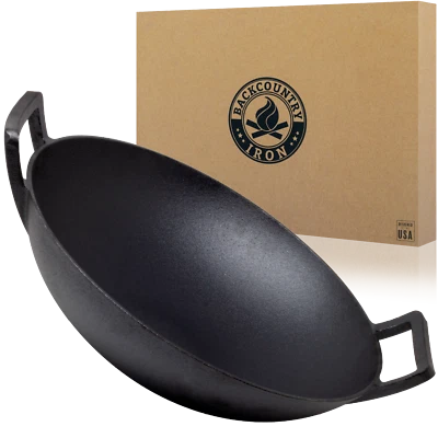 Backcountry Iron 14 inch Cast Iron Wok with Flat Base and Handles