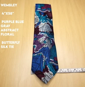 Wembley 4x58" Purple Blue Gray Abstract Floral Butterfly Silk Tie - Picture 1 of 7