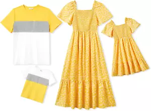 Family Matching Outfits Boho Floral Print Square Neck Puff Sleeve Smocked Dress - Picture 1 of 12