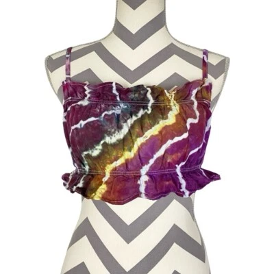 Camiseta sin mangas hecha a mano Geode Tie Dye para mujer talla Smsll camisa recortada con volantes rosa tostado Foto 1 de 4