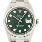 Rolex Mens Datejust 16014 18k White Gold Steel Green Diamond Dial Watch