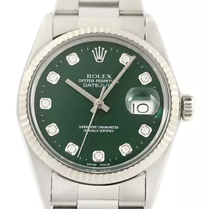 Rolex Mens Datejust 16014 18K White Gold Steel Green Diamond Dial Watch - Picture 1 of 8