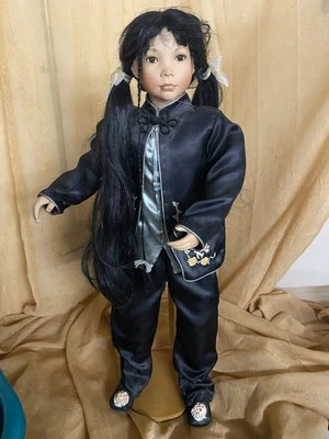 Vintage 30”  Tall Asian Geisha Brocade Black Outfit Porcelain Doll Mei Lin - Image 1 of 4