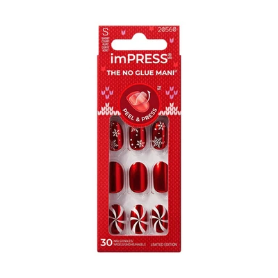 KISS 30 ImPRESS ON NAILS 圣诞假期 "Merry N Bright" 短椭圆形 红色 全新 — 第 1/4 张图片