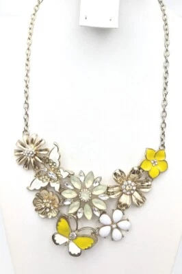 Colorful Flower & Butterfly Necklace Enamel & Rhinestones Yellow White Gold - Image 1 of 4