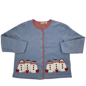 Vintage Weihnachts Strickjacke Damen groß blau Fleece rot Gingham Kardinäle Schneemann - Bild 1 von 13